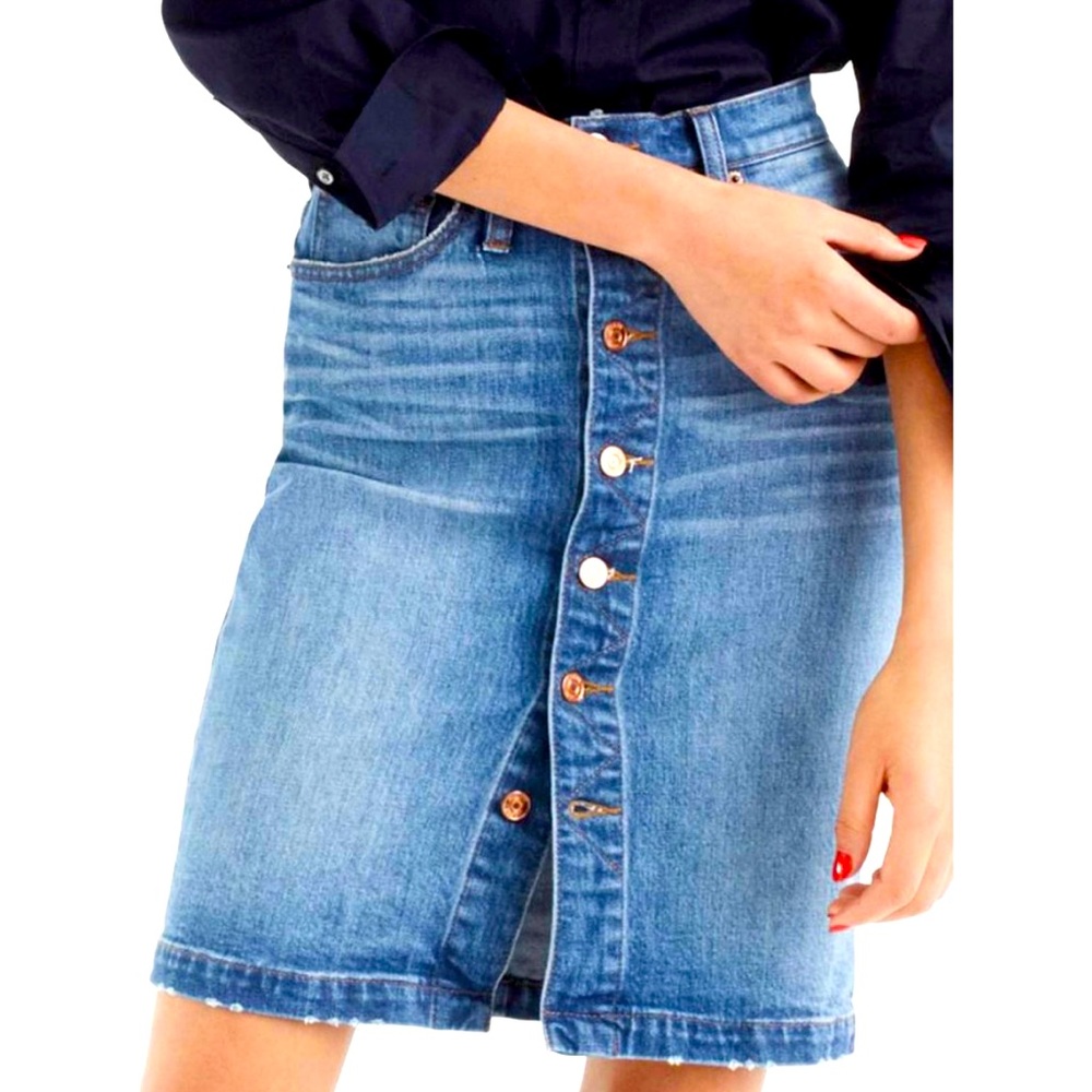 J. Crew Blue Pencil Button Front Western Preppy Knee-Length Casual Skirt Size 26